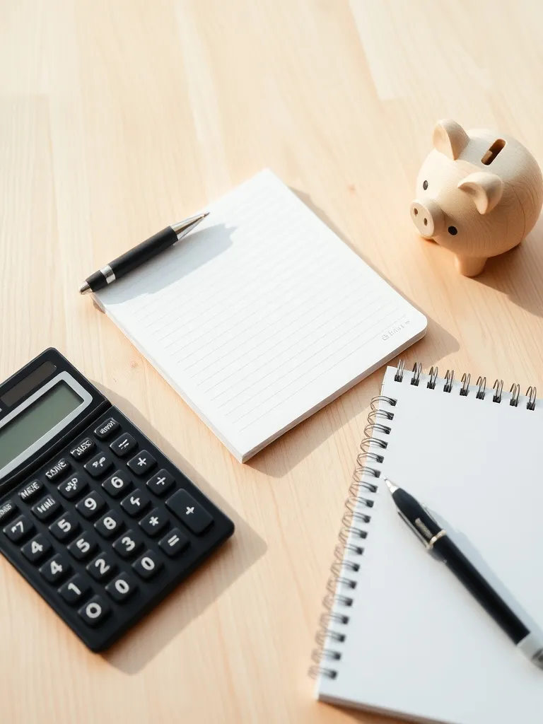 A clean, minimalist workspace with a calculator, a notebook,