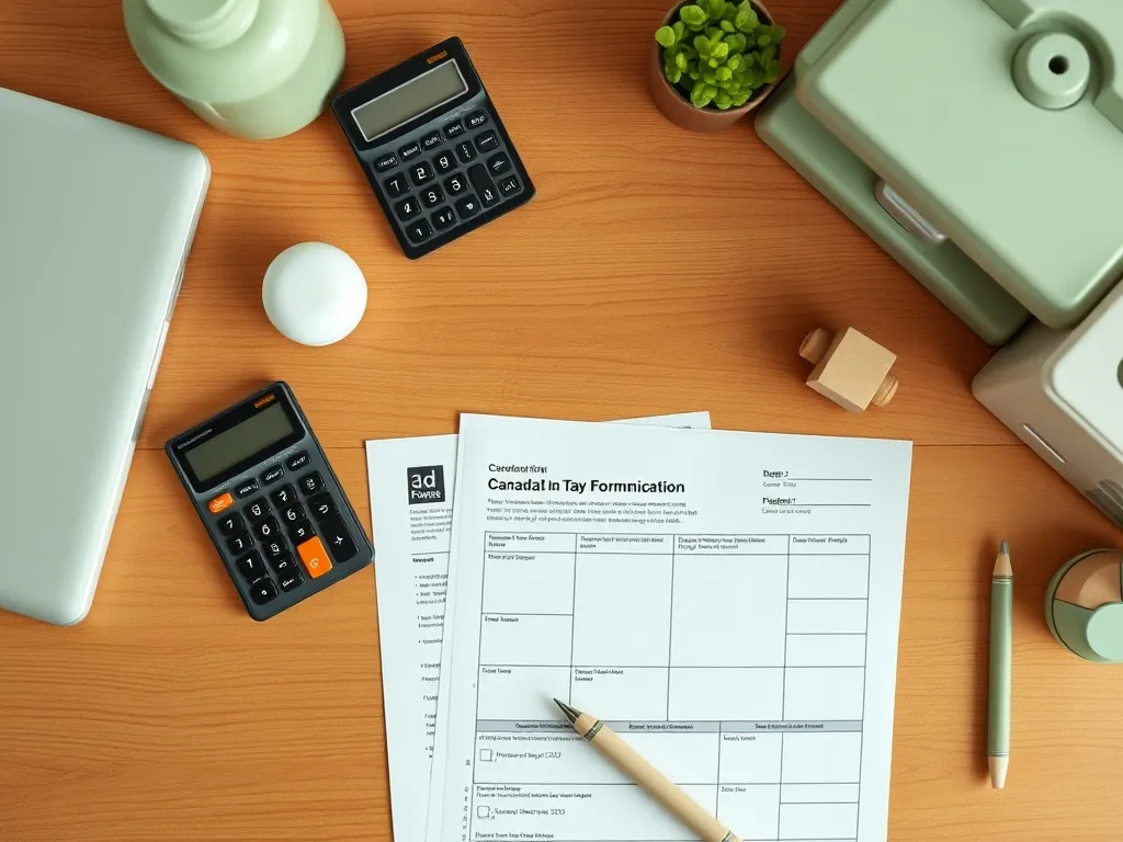 A clean, professional overhead shot of a wooden desk with a