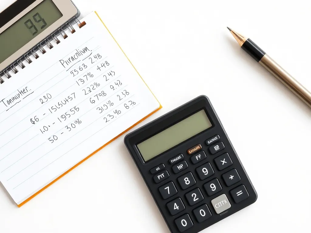 A professional financial calculator next to a notepad with h