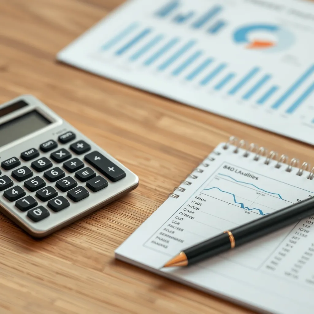 Close up of a calculator, a pen, and a notepad with financia