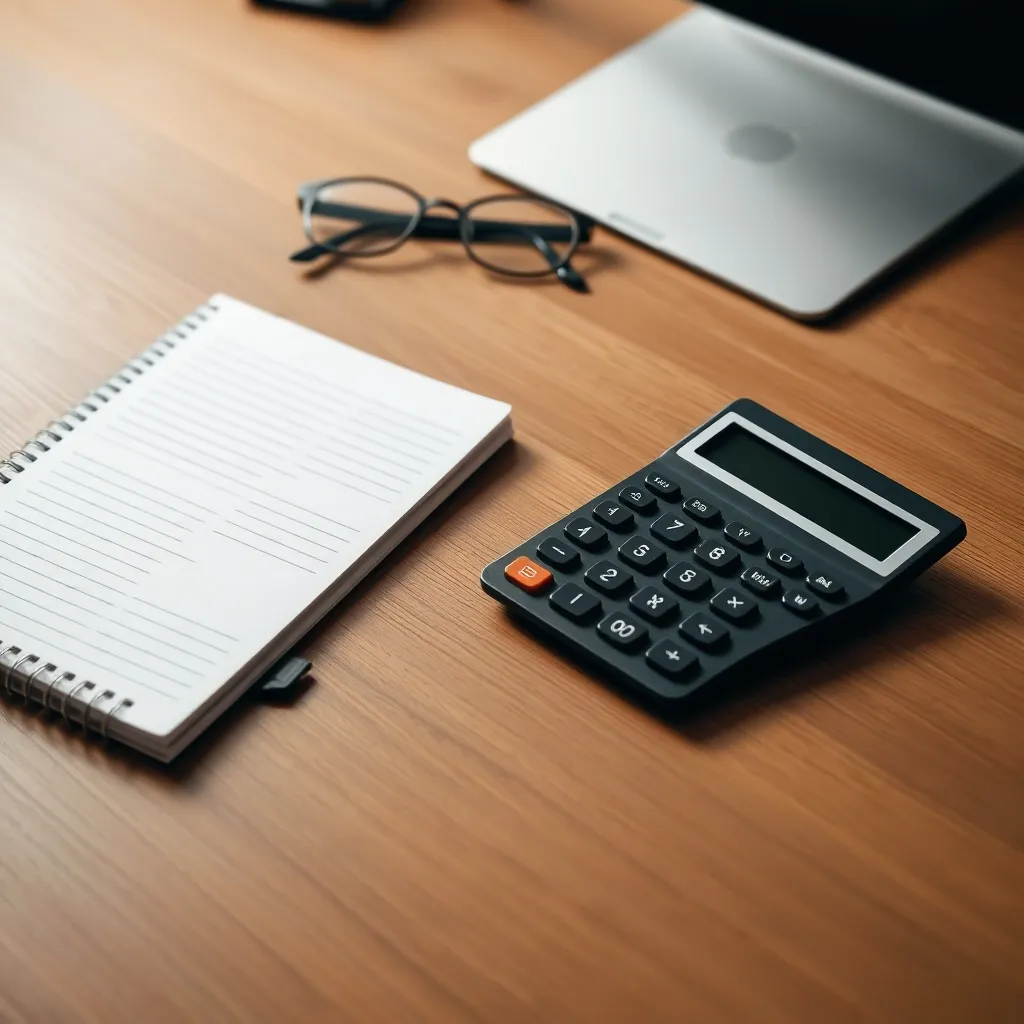 A clean, professional office desk with a calculator, a noteb