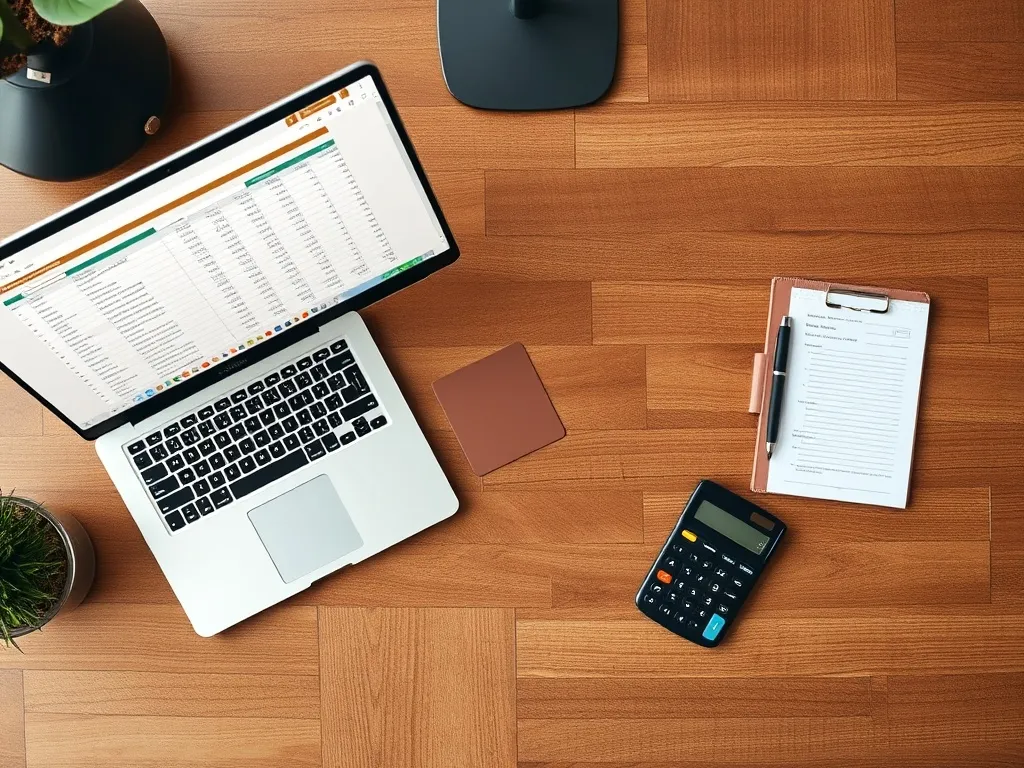 A high-quality top-down view of a modern wooden desk with a